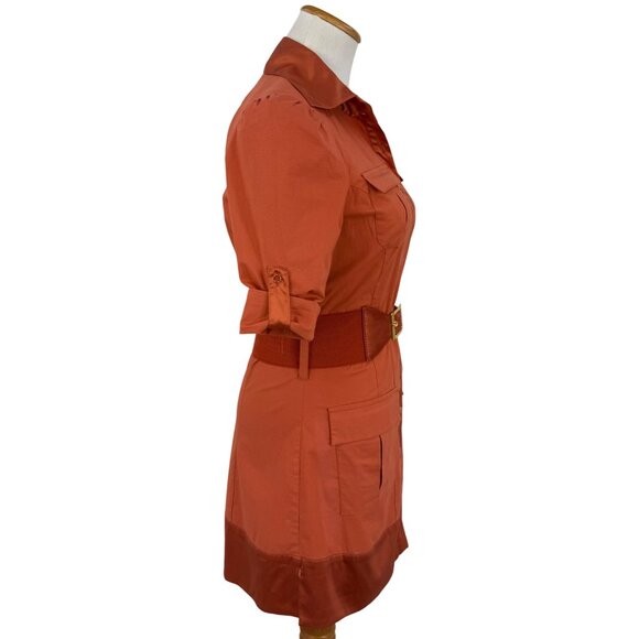 Vintage Y2K Bebe Rust Orange Belted Mini Shirt Dress w/Pockets & Satin Trim S - Picture 11 of 16